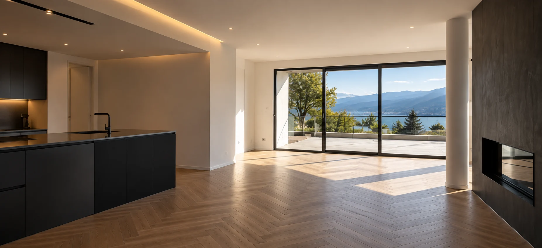 Beispiel eines modernen Wohnraums mit weissen Putzflächen, Eichenparkett und Blick auf einen Schweizer See.